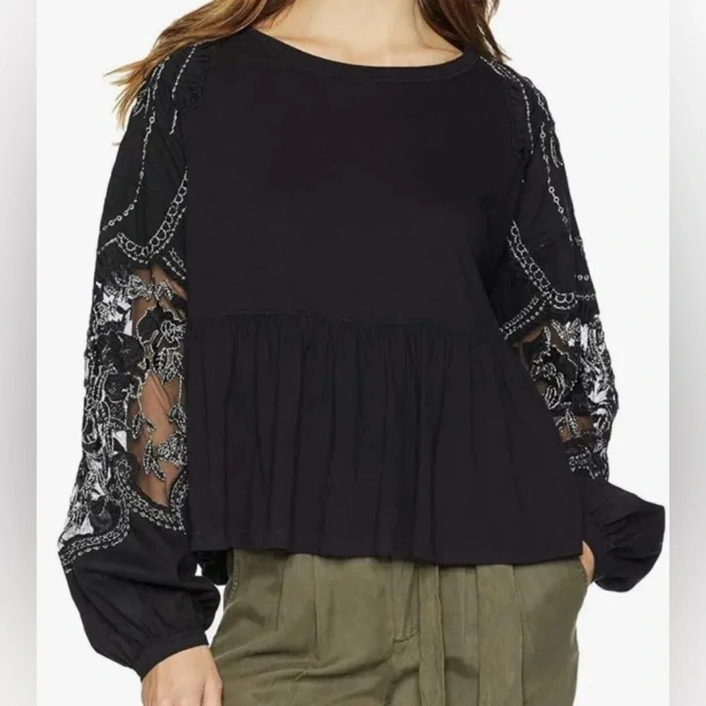 Free People embellished penny black long sleeve sheer sleeve detail top tee